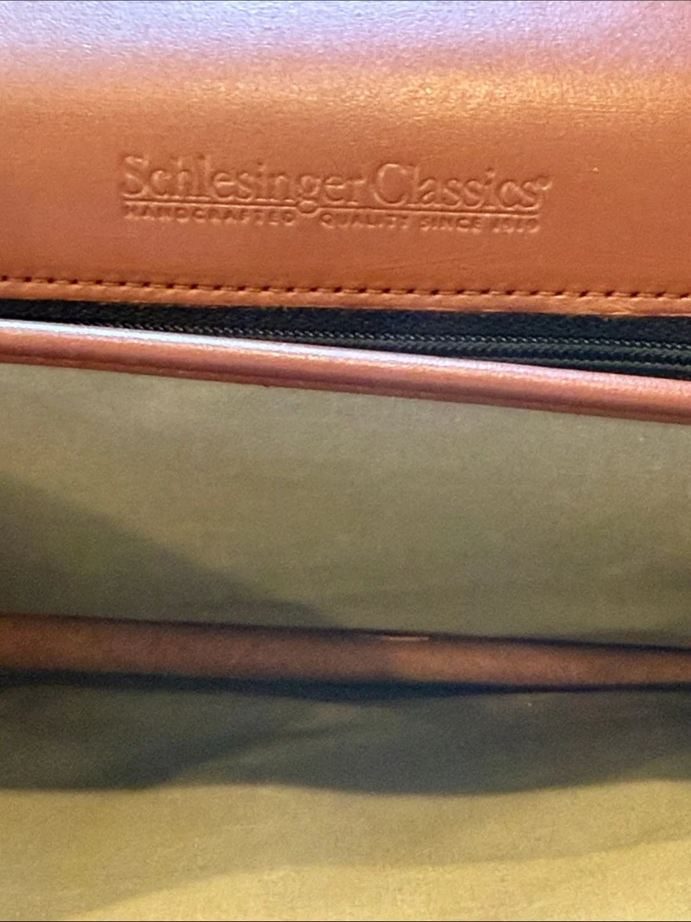 Schlesinger Tan Leather Briefcase with Adjustable Shoulder Strap Brass hardware